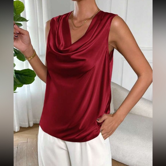 Luxe teal blue draped front sleeveless blouse - Picture 9 of 16